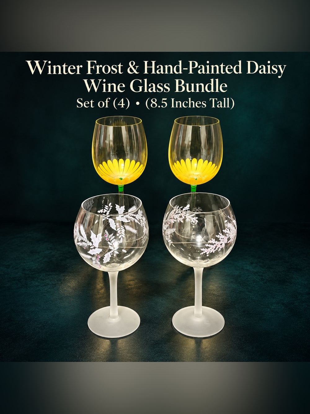 🔍Pfaltzgraff Winter Frost+Hand-Painted Daisy Wine Glass Bundle Set (4) 8.5” Tall